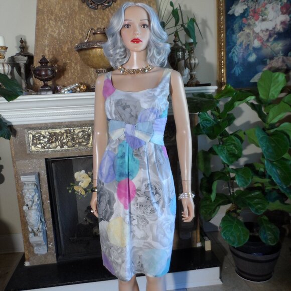 Moschino Cheap&chic Gray Multi Rose Print Sheath Dress w/Front Bow Detail Size 8 - Picture 2 of 16